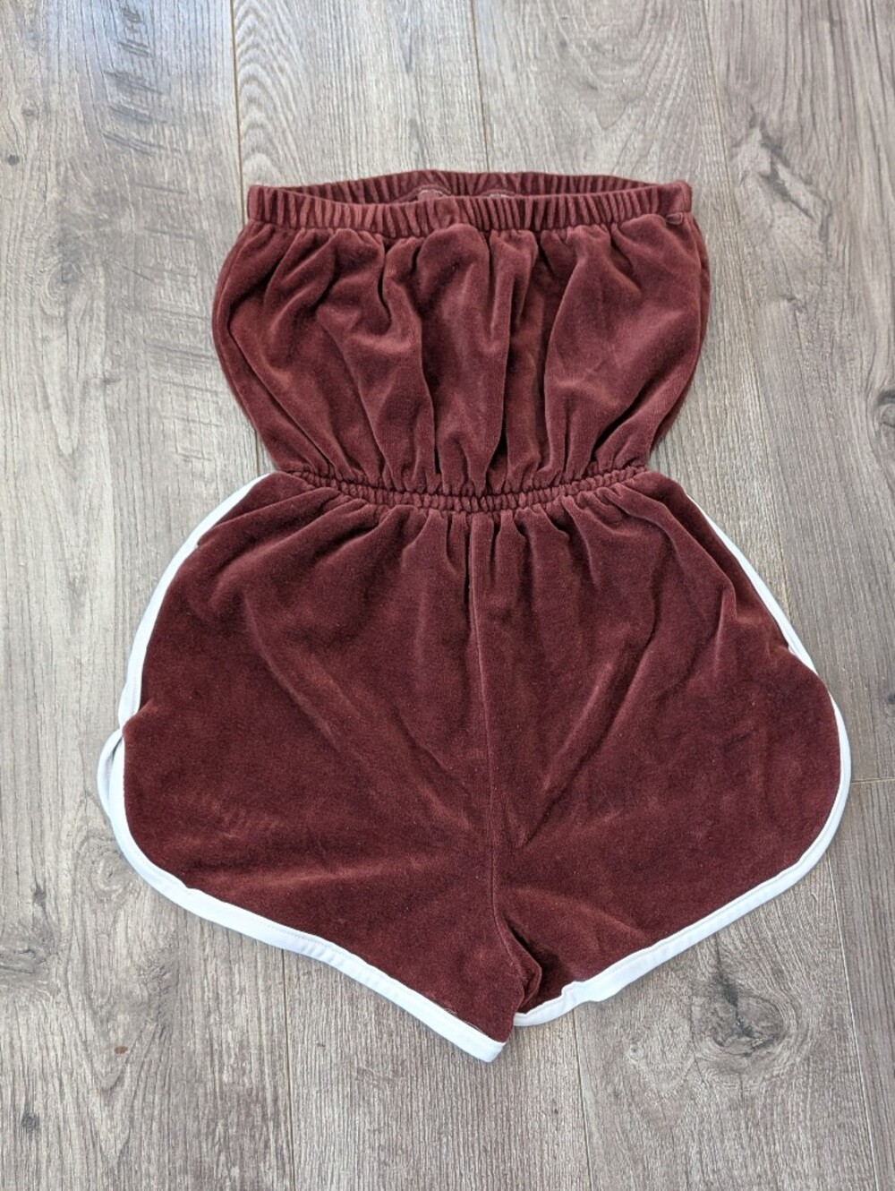 Vintage Brown Velour Strapless Shorts Romper with White Trim - Picture 11 of 11